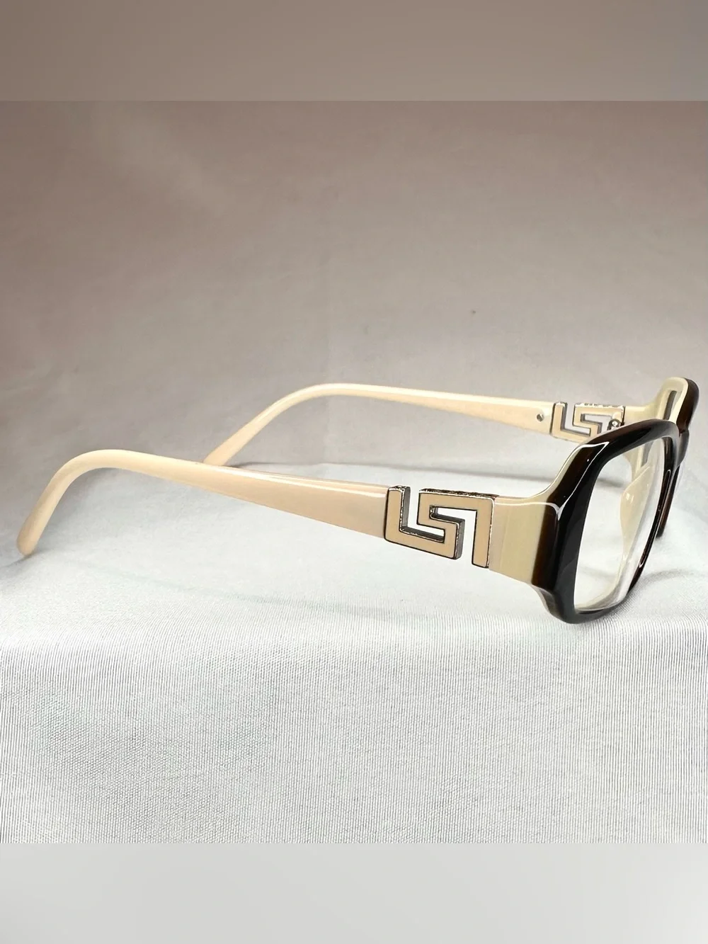 VERSACE Vintage Cream and Bkack Square Frame Glasses with Geometric Accent